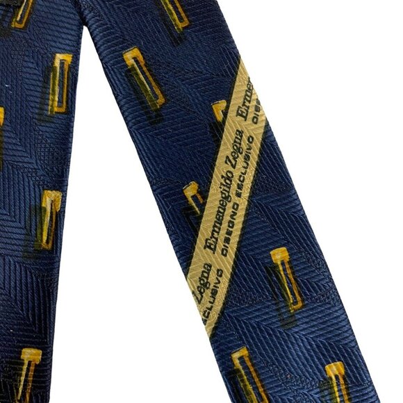Ermenegildo Zegna Mens Navy and Gold Geometric Silk Designer Necktie Italy - Picture 4 of 6